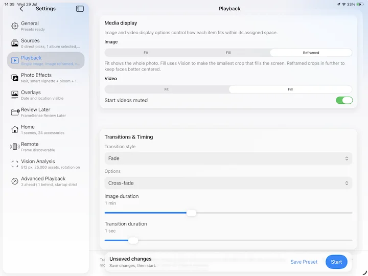 FrameSense settings and presets on iPad