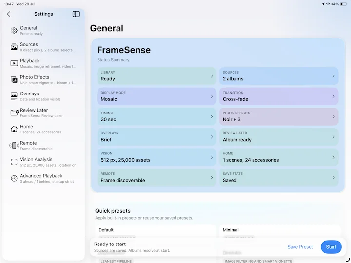 FrameSense settings and presets on iPad